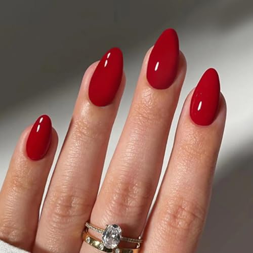 Ceboic 24 Stück French Press on Nails Kurz Mandel, Full Cover Nägel zum Aufkleben Acryl Fingernägel Künstliche Nägel, Glossy Kunstnägel Selbstklebende Ballerina Fake Nails für Frauen - Rot von Ceboic