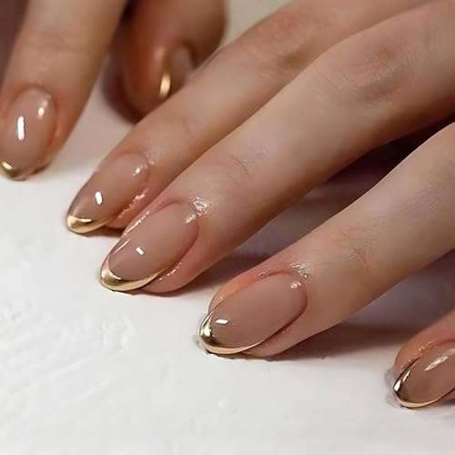 Ceboic 24 Stück French Press on Nails Mittel, Nude Pink Künstliche Nägel Mandel Französische Fingernägel Zum Aufkleben mit Gold Rand Design, Full Cover Kunstnägel, Acryl Falsche Nägel für Frauen von Ceboic