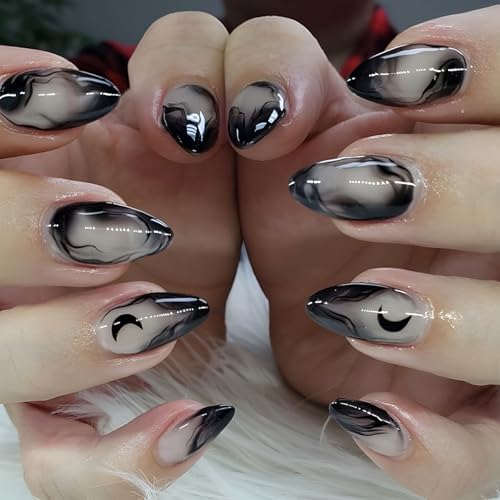Ceboic 24 Stück French Press on Nails Mittel, Schwarz Mond Künstliche Nägel Mandel Französische Chinesische Tuschemalerei Nägel Zum Aufkleben, Acryl Full Cover Kunstnägel für Frauen & Mädchen Ceboic 24 Stück French Press on Nails Mittel, Schwarz Mond Künstliche Nägel Mandel Französische Chinesische Tuschemalerei Nägel Zum Aufkleben, Acryl Full Cover Kunstnägel für Frauen & Mädchen von Ceboic