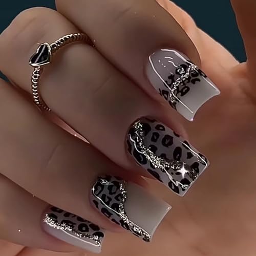 Ceboic 24 Stück French Press on Nails Quadratische, Natürlich Nägel zum Aufkleben Hellgrau Leopard Kunstnägel Künstliche Nägel, Selbstklebende Acryl Fingernägel Fake Nails für Frauen Mädchen von Ceboic