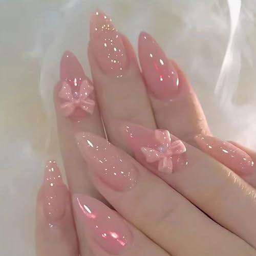 Ceboic 24 Stück French Rosa Press on Nails, Stiletto Nägel zum Aufkleben Mittle mit Schleife Design, Acryl Fingernägel zum Aufkleben Ballerina Falsche Nägel für Frauen und Mädchen von Ceboic
