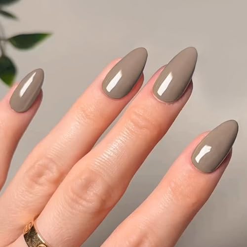 Ceboic 24 Stück Grau French Press on Nails Mittel Mandel Fingernägel Zum Aufkleben Einfarbig Cute Künstliche Nägel Wiederverwendbares Almond Acryl Full Cover Kunstnägel Fake Nails für Frauen von Ceboic