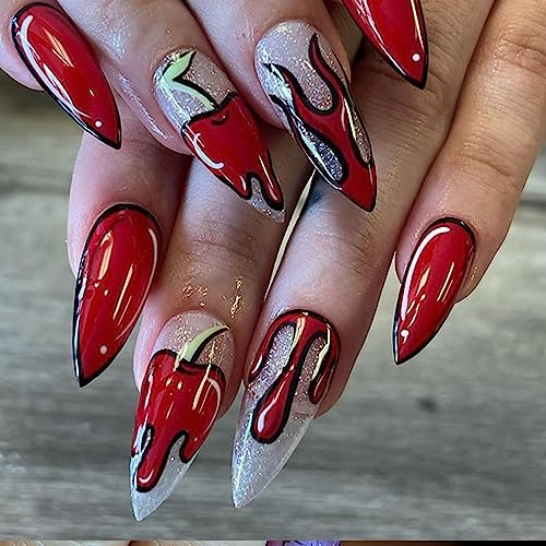 Ceboic 24 Stück Halloween Falsche Nägel Mandel Mittellang French Press on Nails Glossy Natürliche Kunstnägel Nägel Zum Aufkleben Full Cover Fingernägel Fake Nails für Frauen, Kerzen Flamme von Ceboic
