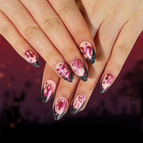 Ceboic 24 Stück Halloween Falsche Nägel Mandel Mittellang French Press on Nails Glossy Natürliche Kunstnägel Nägel Zum Aufkleben Full Cover Fingernägel Fake Nails für Frauen, Lila Flammen Schlange von Ceboic