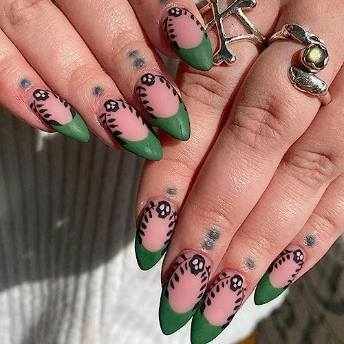 Ceboic 24 Stück Halloween Falsche Nägel Mandel Mittellang French Press on Nails Glossy Natürliche Kunstnägel Nägel Zum Aufkleben Full Cover Fingernägel Fake Nails für Frauen, Skelett & Blätter von Ceboic