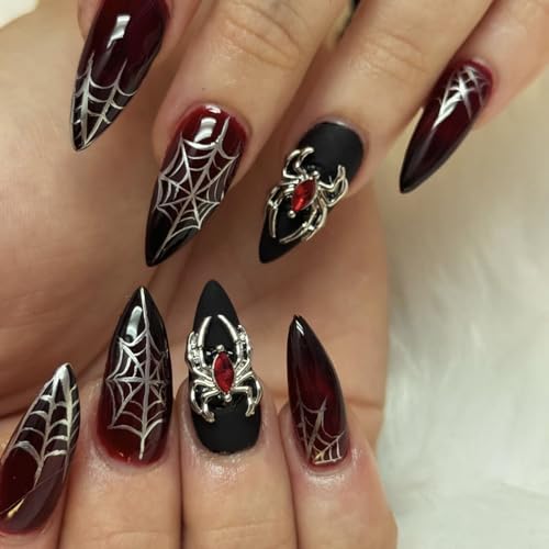 Ceboic 24 Stück Halloween Künstliche Nägel Zum Aufkleben Mandel Mittel Schwarz Rot Gradient Fingernägel zum Aufkleben 3D Spinne Glänzend Fake Nägel Acryl Kunstnägel Press on Nails für Frauen Mädchen von Ceboic