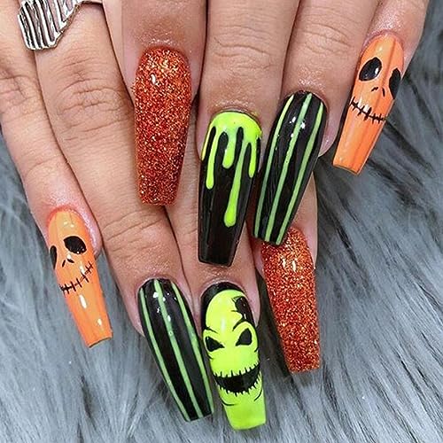 Ceboic 24 Stück Halloween Künstliche Nägel zum Aufkleben Lang Sarg, French Kunstnägel Fake Nails mit Vogelscheuche Designs, Cute Acryl Full Cover Press on Nails für Frauen und Mädchen von Ceboic