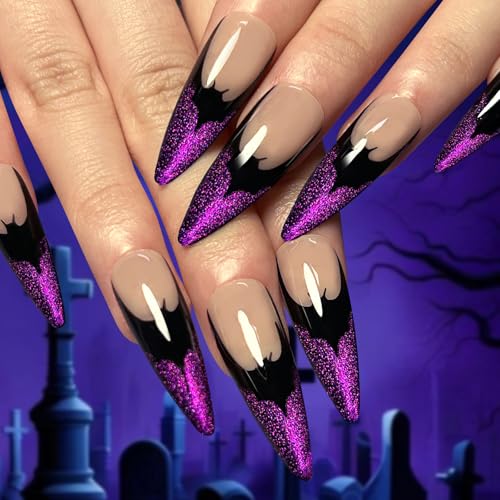 Ceboic 24 Stück Halloween Nägel Zum Aufkleben Mandel Lang Press on Nails French Künstliche Nägel Lila Fledermaus Stiletto Fingernägel Acryl Full Cover Kunstnägel Fake Nails für Frauen & Mädchen von Ceboic