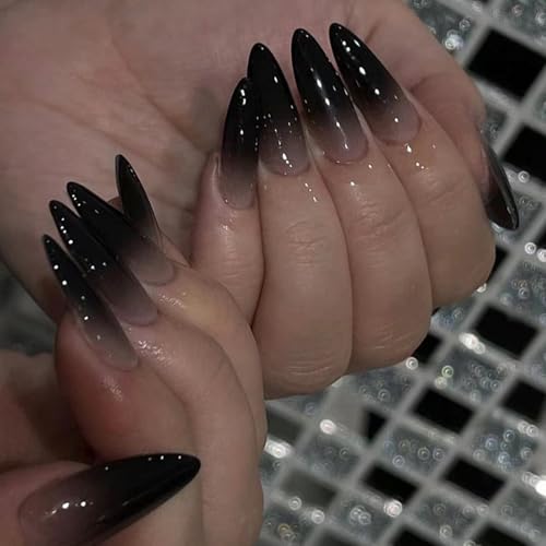 Ceboic 24 Stück Halloween Nägel Zum Aufkleben Mandel Lang Press on Nails Schwarz Gradient Künstliche Nägel Ballerina Glänzende Fingernägel Zum Aufkleben Gel Full Cover Kunstnägel Fake Nails für Frauen von Ceboic