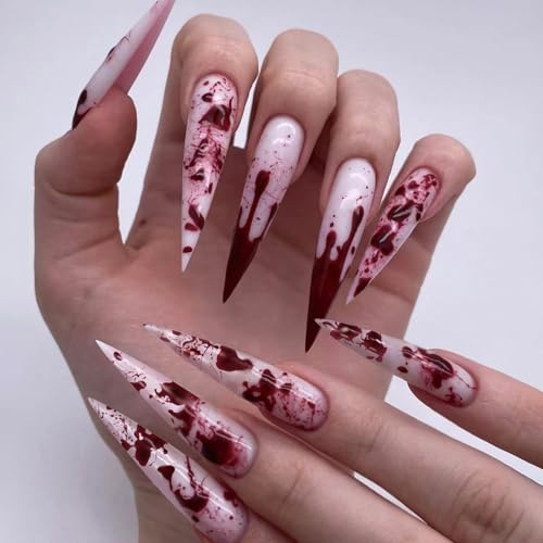 Ceboic 24 Stück Halloween Press on Nails Mandel Lang Kunstnägel Weiß Französische Fingernägel zum Aufkleben Gruselige Blutstropfen Künstliche Nägel Stiletto Natürliche Acryl Fake Nägel für Frauen von Ceboic