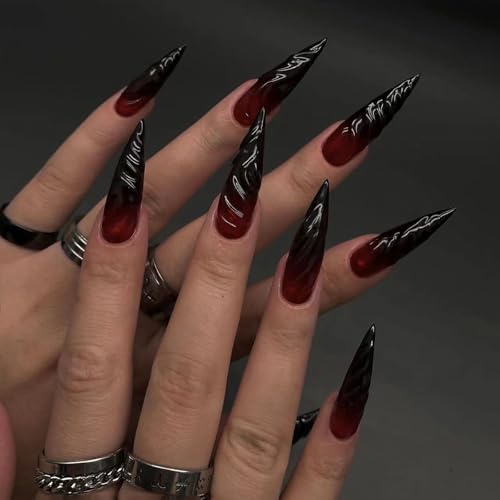 Ceboic 24 Stück Halloween Press on Nails Mandel Lang Rot Schwarz Farbverlauf Kunstnägel Nägel Zum Aufkleben French Almond Künstliche Nägel Natürliche Acryl Fingernägel Fake Nails für Frauen & Mädchen von Ceboic