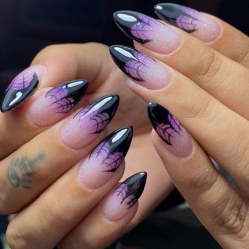 Ceboic 24 Stück Halloween Press on Nails Mandel Mittel Kunstnägel Lila Glitzer French Fingernägel zum Aufkleben Schwarz Spinnennetz Künstliche Nägel Stiletto Natürliche Acryl Fake Nägel für Frauen von Ceboic