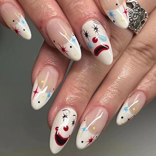 Ceboic 24 Stück Halloween White French Nägel zum Aufkleben Mandel Joker Face Design Press on Nails Full Cover Fingernägel zum Aufkleben Acrylic Künstliche Nägel für Frauen und Mädchen von Ceboic