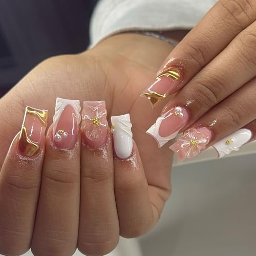 Ceboic 24 Stück Handgefertigte Nägel Zum Aufkleben, Square French Press on Nails Weiß Rosa Künstliche Nägel mit 3D Blumen Perlen Design, Acryl Full Cover Fingernägel zum Aufkleben für Frauen von Ceboic