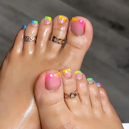 Ceboic 24 Stück Künstliche Fußnägel zum Aufkleben, 12 Größen Regenbogen Rand Falsche Fußnägel, Vollständige Abdeckung Falsche Zehennägel Set Acryl Toe Nails für Frauen und Mädchen DIY Maniküre von Ceboic