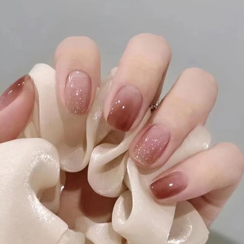 Ceboic 24 Stück Künstliche Nägel Kurz Eckig, Glitzer Nageltips Rotbraun Farbverlauf Nägel zum Aufkleben, Ballerina Full Cover Kunstnägel Acryl Press on Nails für Frauen Mädchen DIY Nagelkunst von Ceboic