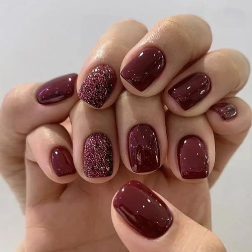 Ceboic 24 Stück Künstliche Nägel Kurz Eckig, Weinroter Glänzend Nägel zum Aufkleben Pure Farbe Nageltips Ballerina Press on Nails, Acryl Full Cover Kunstnägel Fake Nails für Frauen & Mädchen von Ceboic