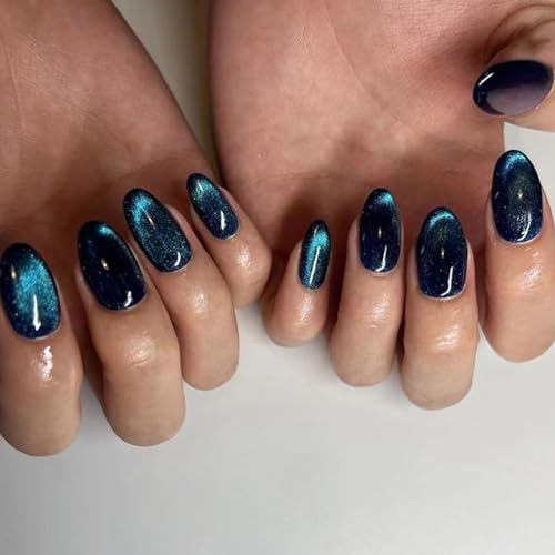 Ceboic 24 Stück Künstliche Nägel Kurz Mandel, Katzenauge Nageltips Dunkelblaue Aurora Design Nägel zum Aufkleben, Ballerina Full Cover Kunstnägel Acryl Fingernägel Falsche Nägel für Frauen & Mädchen von Ceboic