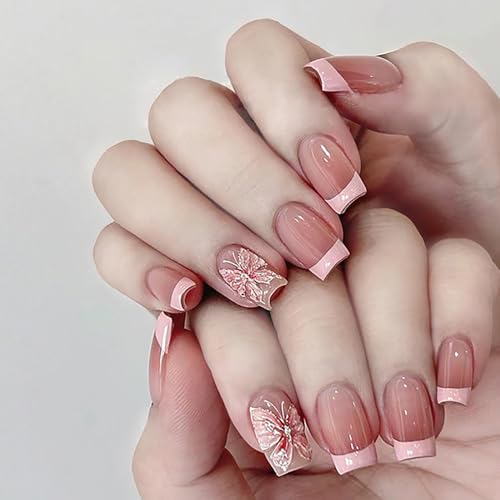 Ceboic 24 Stück Kurz Falsche Nägel Zum Aufkleben Französische Schmetterling Square Press on Nails Acryl Full Cover Künstliche Fingernägel für Frauen und Mädchen DIY Nagelkunst von Ceboic