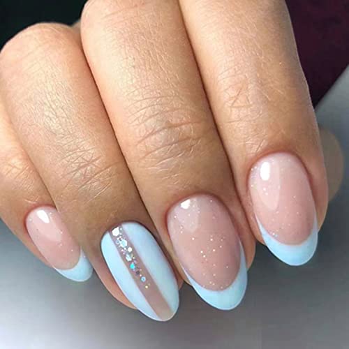 Ceboic 24 Stück Mandel Nägel Zum Aufkleben Kurz, French Hellblau Künstliche Nägel Glossy Press on Nails, Wiederverwendbare Oval Falsche Nägel Acryl Fingernägel Fake Nails Kit für Frauen und Mädchen von Ceboic