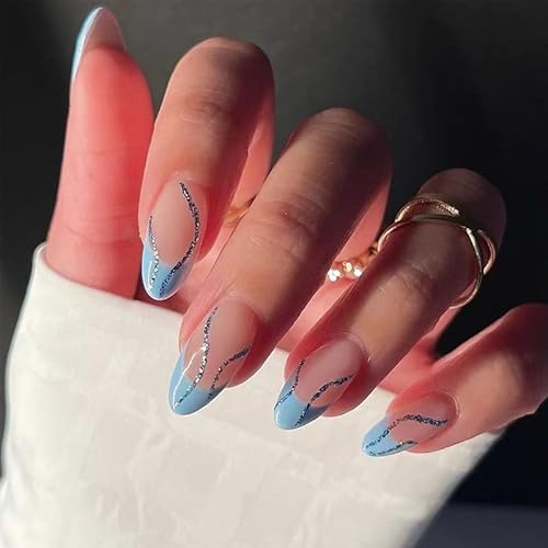 Ceboic 24 Stück Mandel Nägel Zum Aufkleben Kurz, Glossy French Blaue Wellen Künstliche Nägel, Nude Glitzer Stiletto Acryl Kunstnägel Press on Nails Fingernägel Fake Nails für Frauen und Mädchen von Ceboic