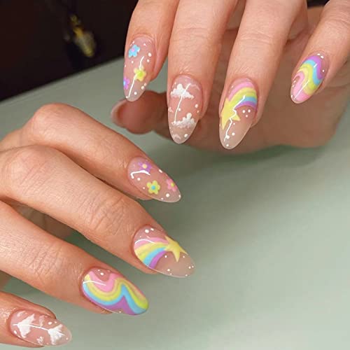 Ceboic 24 Stück Mandel Nägel Zum Aufkleben Kurz, Glossy French Weiß Wolken & Colorful Stern Künstliche Nägel, Oval Acryl Kunstnägel Press on Nails Fingernägel Fake Nails für Frauen und Mädchen von Ceboic