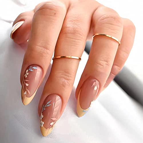 Ceboic 24 Stück Mandel Nägel Zum Aufkleben Kurz, Glossy French Yellow Leaves Künstliche Nägel, Stiletto Acryl Kunstnägel Press on Nails Almond Fingernägel Fake Nails für Frauen und Mädchen von Ceboic