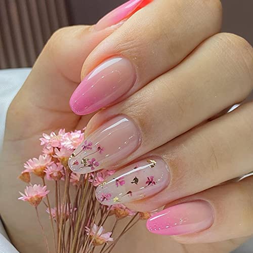 Ceboic 24 Stück Mandel Nägel Zum Aufkleben Kurz, Rosa Gradient French Niedliche Blumen Künstliche Nägel, Stiletto Acryl Kunstnägel Press on Nails Fingernägel Fake Nails für Frauen und Mädchen von Ceboic