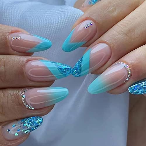 Ceboic 24 Stück Mandel Nägel Zum Aufkleben Mittel, Blau Glitzer French Künstliche Nägel, Stiletto Strass Falsche Nägel Wiederverwendbare Acryl Fingernägel Fake Nails Kit für Frauen und Mädchen von Ceboic