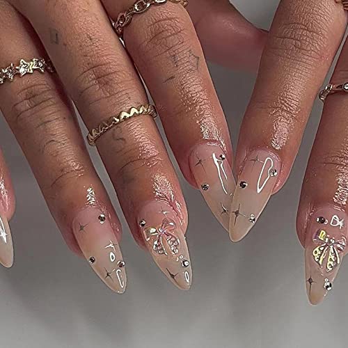 Ceboic 24 Stück Mandel Nägel Zum Aufkleben Mittel, French Bow Tie Künstliche Nägel, Wiederverwendbare Ballerina Stiletto Falsche Nägel Glitzer Acryl Fingernägel Fake Nails Kit für Frauen und Mädchen von Ceboic