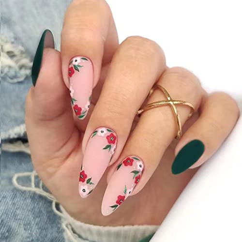 Ceboic 24 Stück Mandel Nägel Zum Aufkleben Mittel, Grün Blumen French Künstliche Nägel, Wiederverwendbare Ballerina Stiletto Falsche Nägel Acryl Fingernägel Fake Nails Kit für Frauen und Mädchen von Ceboic