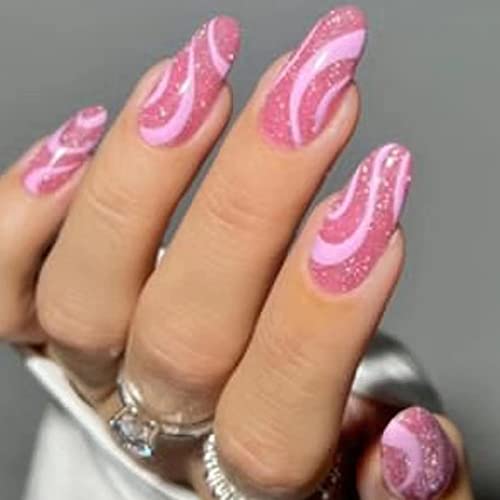 Ceboic 24 Stück Mandel Nägel Zum Aufkleben Mittel, Rosa Welle French Künstliche Nägel, Wiederverwendbare Ballerina Stiletto Glitzer Falsche Nägel Acryl Fingernägel Fake Nails für Frauen und Mädchen von Ceboic