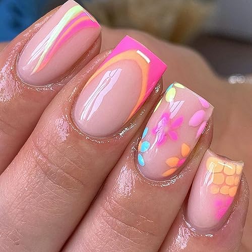 Ceboic 24 Stück Nägel Zum Aufkleben Eckig Kurz, Französische Glossy Colorful Blumen Press on Nails Full Cover Kunstnägel mit Klebepads, Acryl Künstliche Fingernägel für Frauen & Mädchen von Ceboic