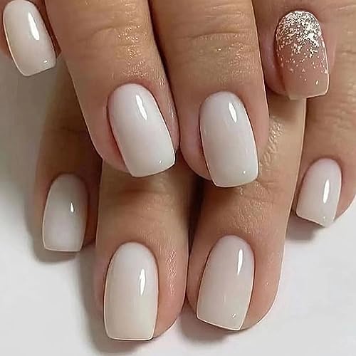 Ceboic 24 Stück Nägel Zum Aufkleben Eckig Kurz, Französische Tipp Weiß Glitzer Kunstnägel Natürlich Press on Nails mit Designs, Ballerina Acryl Falsche Nägel für Frauen und Mädchen von Ceboic