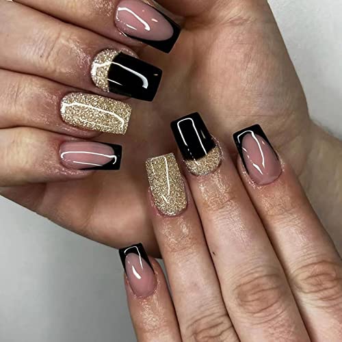 Ceboic 24 Stück Nägel Zum Aufkleben Kurz, Eckig Französische Gold Rosa Künstliche Nägel, Glossy Kunstnägel Press on Nails Acryl Stick auf Nägel für Frauen und Mädchen von Ceboic