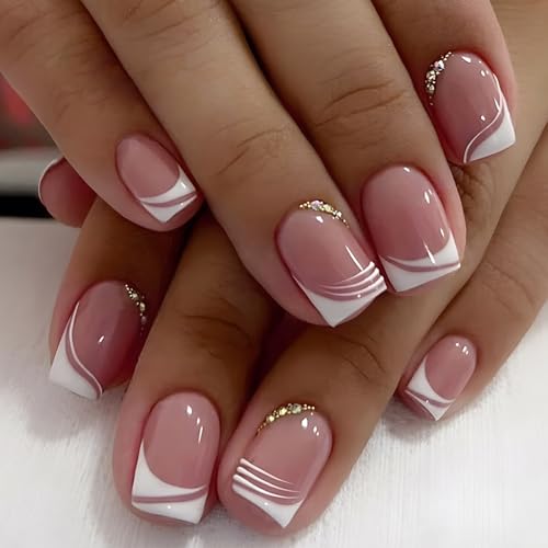 Ceboic 24 Stück Nägel Zum Aufkleben Kurz, Nude Rosa Eckig French Press on Nails Ballerina Fake Nails Kunstnägel mit Strasssteine, Square Acryl Fingernägel zum Aufkleben für Frauen und Mädchen von Ceboic