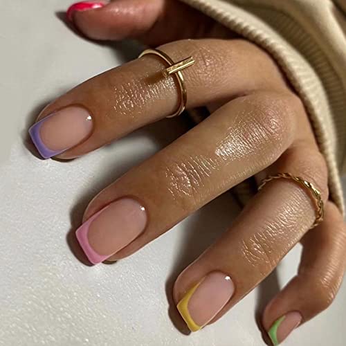 Ceboic 24 Stück Nägel Zum Aufkleben Kurz Eckig, Glossy Nude French Kunstnägel Press on Nails mit Bunt Borders Designs, Acryl Fingernägel Künstliche Nägel für Frauen und Mädchen von Ceboic