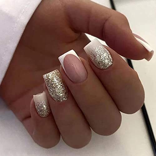 Ceboic 24 Stück Nägel Zum Aufkleben Kurz Eckig, Glossy Nude French Kunstnägel Press on Nails mit Designs, Silver Glitzer Acryl Fingernägel Künstliche Nägel für Frauen und Mädchen von Ceboic