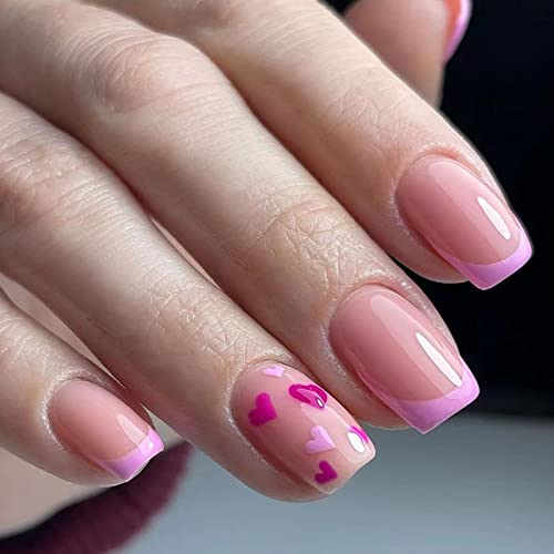 Ceboic 24 Stück Nägel Zum Aufkleben Kurz Eckig, Glossy Nude French Kunstnägel Press on Nails mit Herz Designs, Rot & Lila Acryl Fingernägel Künstliche Nägel für Frauen und Mädchen von Ceboic