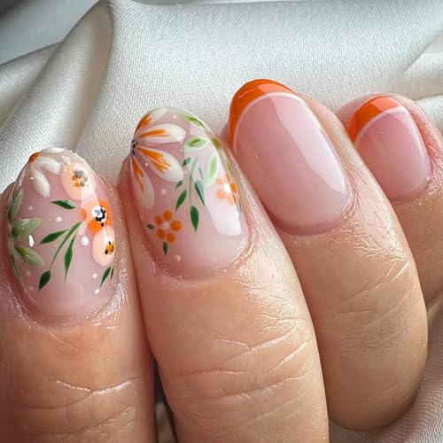 Ceboic 24 Stück Nägel Zum Aufkleben Kurz Mandel, French Künstliche Nägel Orange Blumen Kunstnägel Press on Nails, Oval Acryl Full Cover Ballerina Fingernägel Fake Nails für Frauen und Mädchen von Ceboic