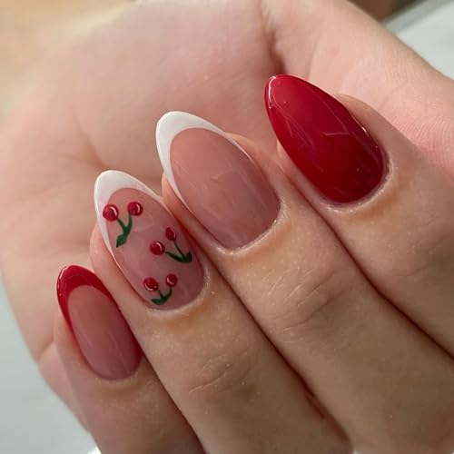 Ceboic 24 Stück Nägel Zum Aufkleben Kurz Mandel, French Press on Nails Glänzend Kunstnägel mit Kirsche Design, Acryl Falsche Nägel Almond Fingernägel Fake Nails für Frauen und Mädchen von Ceboic