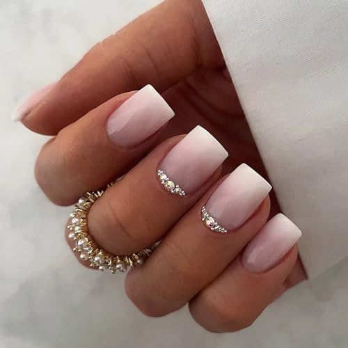 Ceboic 24 Stück Nägel Zum Aufkleben Kurze Eckig Rosa Weiß Farbverlauf French Kunstnägel Press on Nails Acryl Künstliche Nägel mit Strass Square Fingernägel Fake Nails für Frauen und Mädchen von Ceboic