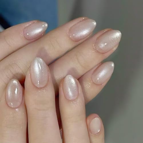 Ceboic 24 Stück Nägel Zum Aufkleben Mandel, French Tip Press on Nails Kurz Oval, Nude Katzenauge Kunstnägel Künstliche Nägel, Natürlich Acryl Fingernägel zum Aufkleben für Frauen Mädchen Nail Art von Ceboic