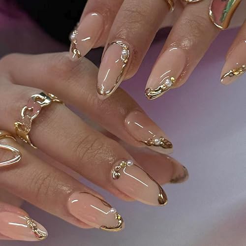 Ceboic 24 Stück Nägel Zum Aufkleben Mandel, French Tip Press on Nails Mittel, Nude Pink Kunstnägel Künstliche Nägel mit Perle & Diamant, Natürlich Acryl Fingernägel zum Aufkleben für Frauen Mädchen von Ceboic