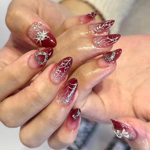 Ceboic 24 Stück Nägel Zum Aufkleben Mandel, Mittel Lang Falsche Nägel mit Herz Spinnen Design, Rot Farbverlauf French Press on Nails, Acryl Künstliche Fingernägel zum Aufkleben für Frauen & Mädchen von Ceboic