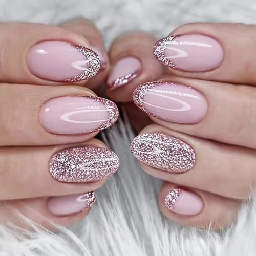 Ceboic 24 Stück Nägel Zum Aufkleben Mandel Kurz, French Press on Nails Soft Gel Künstliche Nägel, Nude Rosa Glitzer Acryl Fingernägel zum Aufkleben Oval Kunstnägel Fake Nails für Frauen und Mädchen von Ceboic