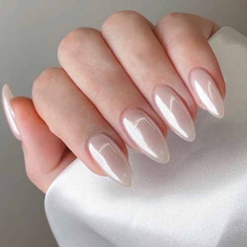 Ceboic 24 Stück Nägel Zum Aufkleben Mandel Kurz, French Press on Nails Soft Gel Künstliche Nägel, Weiß Aurora Glänzend Fingernägel zum Aufkleben Oval Kunstnägel Fake Nails für Frauen und Mädchen von Ceboic