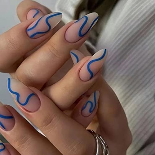 Ceboic 24 Stück Nägel Zum Aufkleben Mittel Mandel, Blau Streifen French Künstliche Nägel, Oval Gradient Kunstnägel Press on Nails mit Nagelkleber Aufkleber, Acryl Fingernägel Zum Aufkleben für Frauen von Ceboic