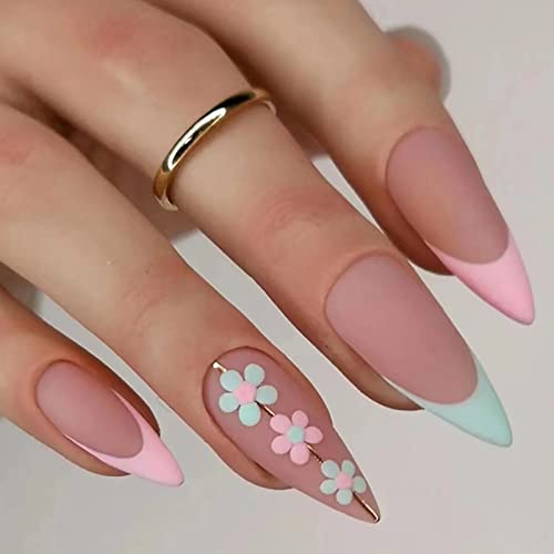 Ceboic 24 Stück Nägel Zum Aufkleben Mittel Mandel, Cute Blumen French Künstliche Nägel, Nude Stiletto Kunstnägel Press on Nails mit Nagelkleber Aufkleber, Acryl Fingernägel Zum Aufkleben für Frauen von Ceboic