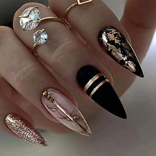 Ceboic 24 Stück Nägel Zum Aufkleben Mittel Mandel, French Gold Schwarz Glitzer Künstliche Nägel, Stiletto Kunstnägel Press on Nails mit Nagelkleber Aufkleber, Fingernägel Zum Aufkleben für Frauen von Ceboic